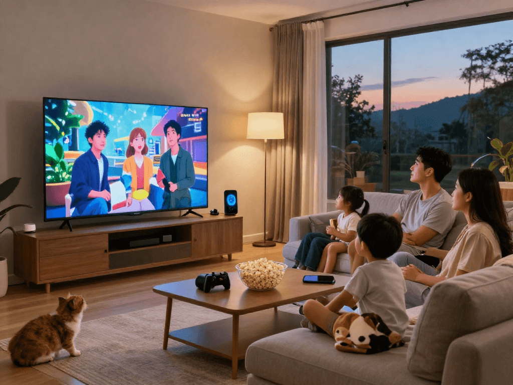 Family enjoying movie night on Iron TV with cozy living room setup