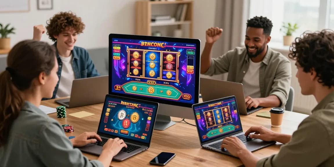 Un casino crypto retrait instantané avec des joueurs célébrant leurs gains, utilisant des cryptomonnaies sur leurs appareils.