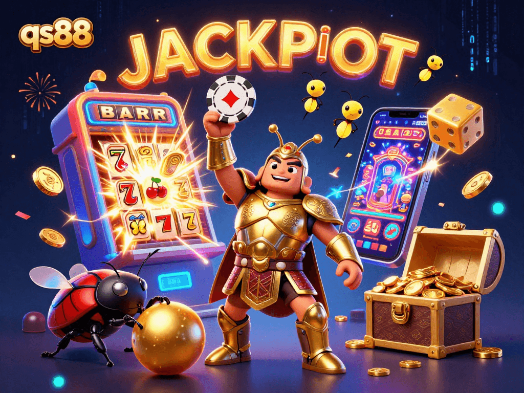 qs88 offers an engaging victory moment with cartoon beetles celebrating a jackpot amidst dynamic casino elements.