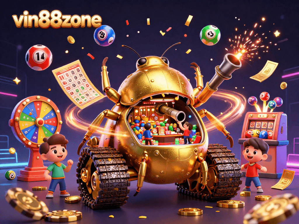 Win big at vin88zone with confetti and colorful lottery elements in a dynamic casino scene.