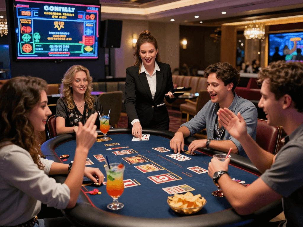 Des amis jouant ensemble sur un casino en ligne avec un croupier en direct, ambiance festive.