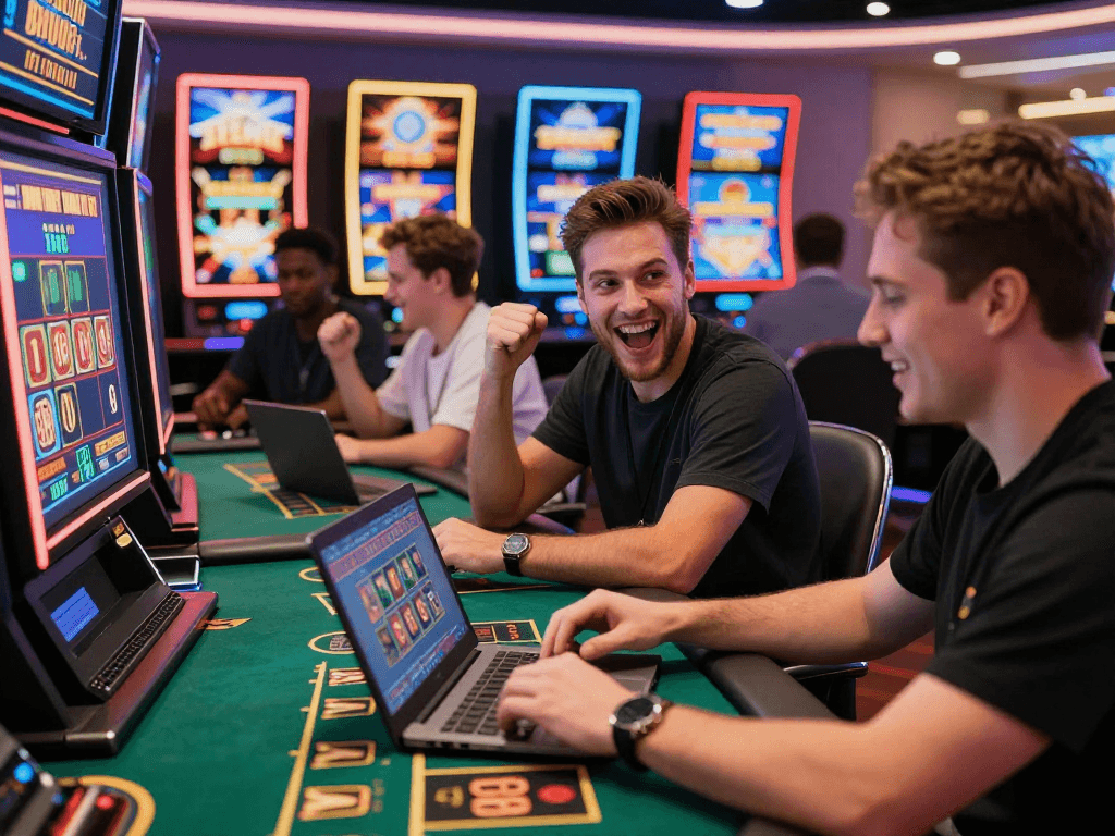 Joueurs célébrant leurs gains au casino en ligne le plus payant, ambiance dynamique et festive avec des jeux variés.