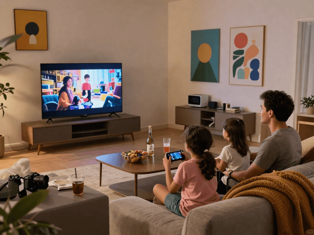 Une famille se divertit autour d'un Iron TV dans un salon moderne, jouant et regardant un film ensemble.