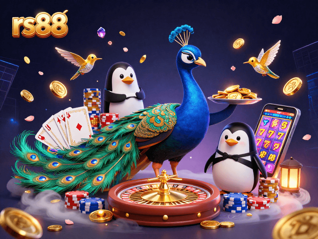 Experience the excitement of rs88 with a vibrant 3D casino scene featuring a peacock and penguin.