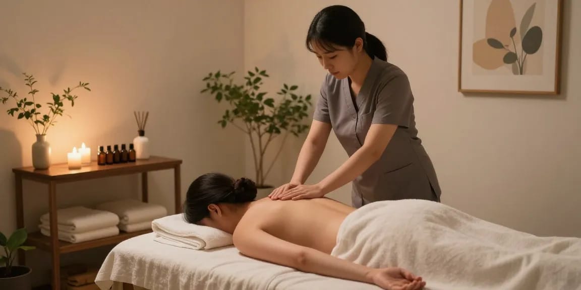 Experience the soothing 성북구출장마사지 in a tranquil massage therapy room with ambient lighting and calming decor.