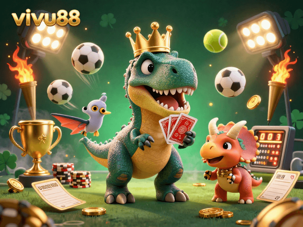 Experience thrilling gameplay at vivu88 with a friendly T-Rex dealing cards in this vibrant casino scene.