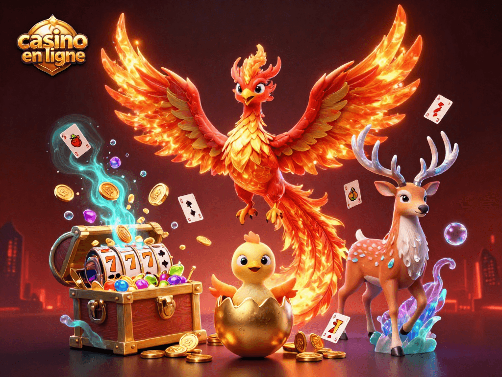 Découvrez un casino en ligne vibrant avec un phénix flamboyant et des éléments de jeux dynamiques.