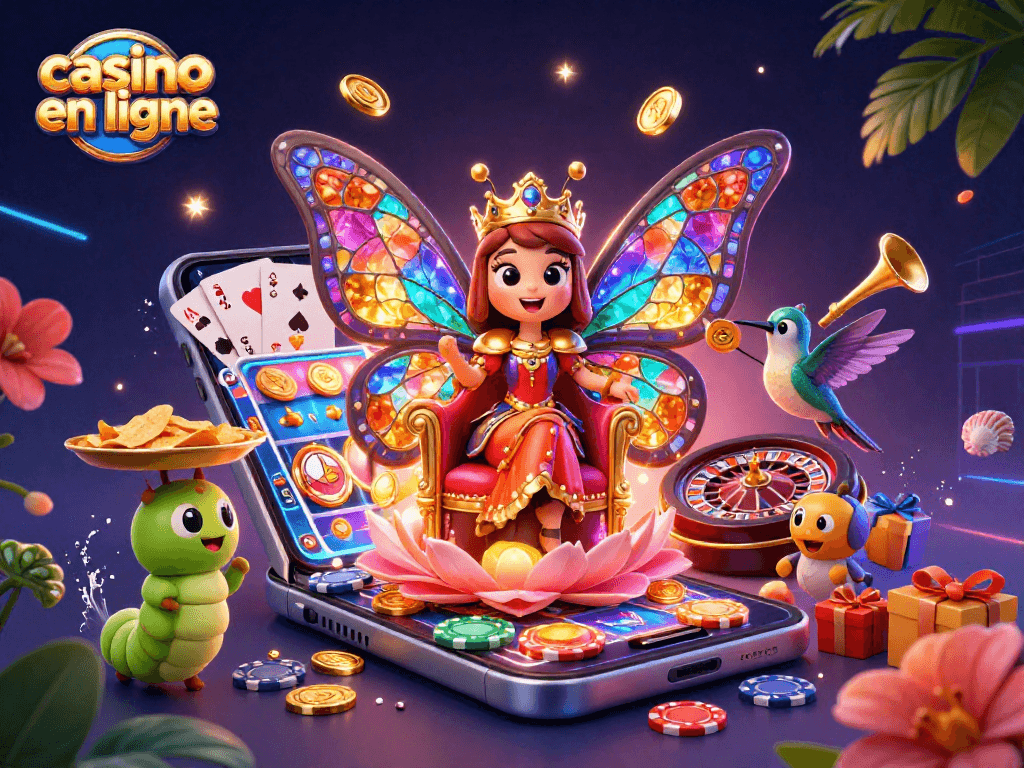 Jouez au casino en ligne avec la reine des papillons et des éléments vibrants et enchanteurs.