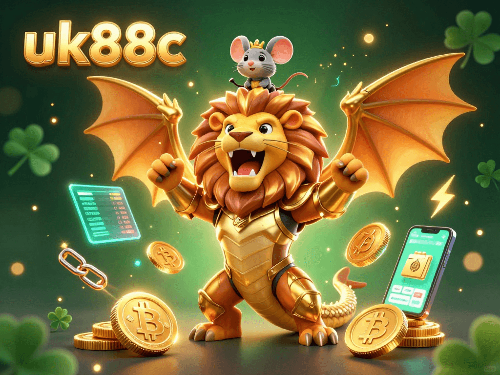 Experience the thrill of uk88c casino action with a vibrant 3D chimera and crypto elements.