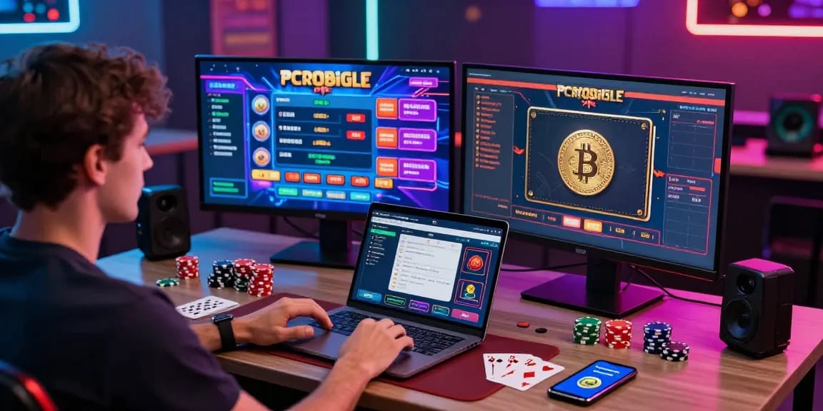 Joueur devant des écrans de casino crypto sans KYC 2026, ambiance de jeu colorée et moderne.