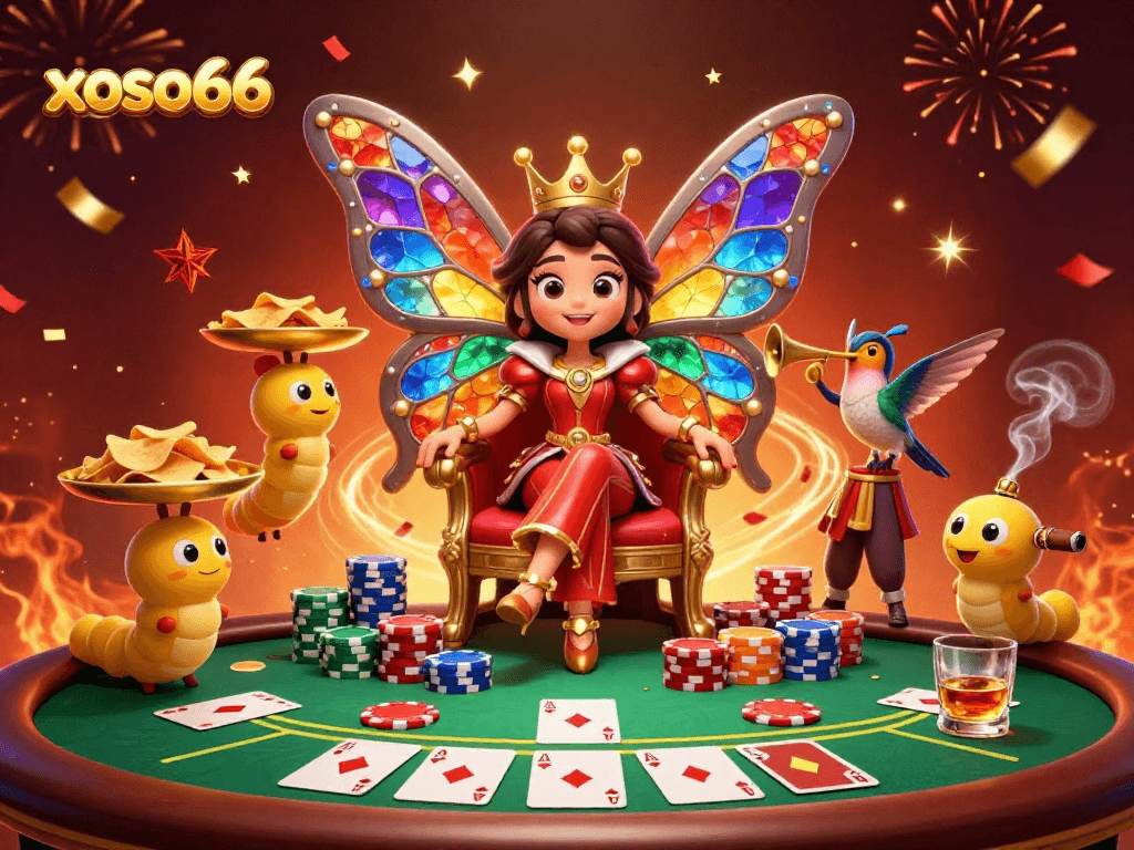 xoso66 invites players to enjoy a dazzling casino experience with vibrant characters, poker elements, and festive visuals.