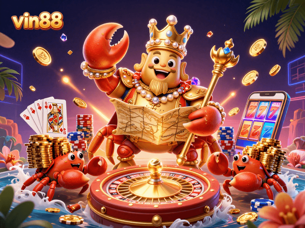 Win big at vin88 with a vibrant 3D casino scene featuring a golden crab emperor and lively gaming elements.