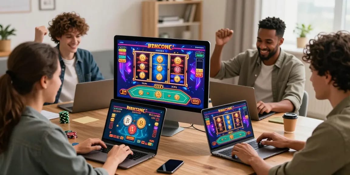 Un casino crypto retrait instantané avec des joueurs célébrant leurs gains, utilisant des cryptomonnaies sur leurs appareils.