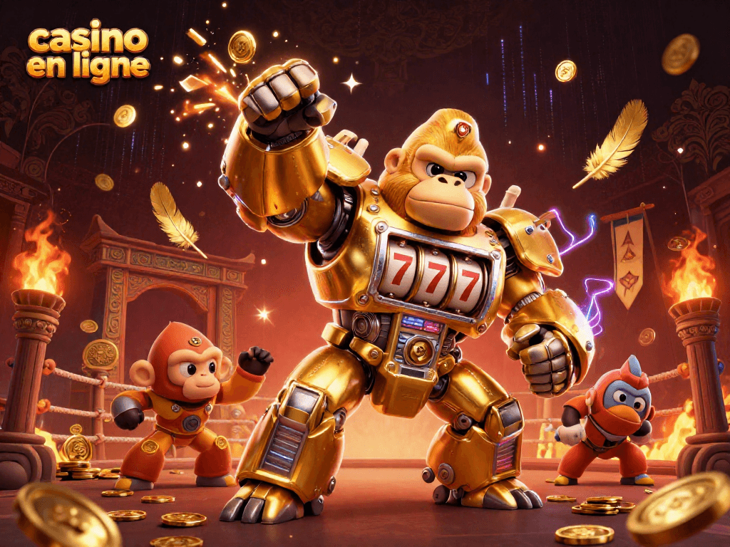 Jouez au casino en ligne avec ce mécha gorille en or et des éléments de jeux animés.