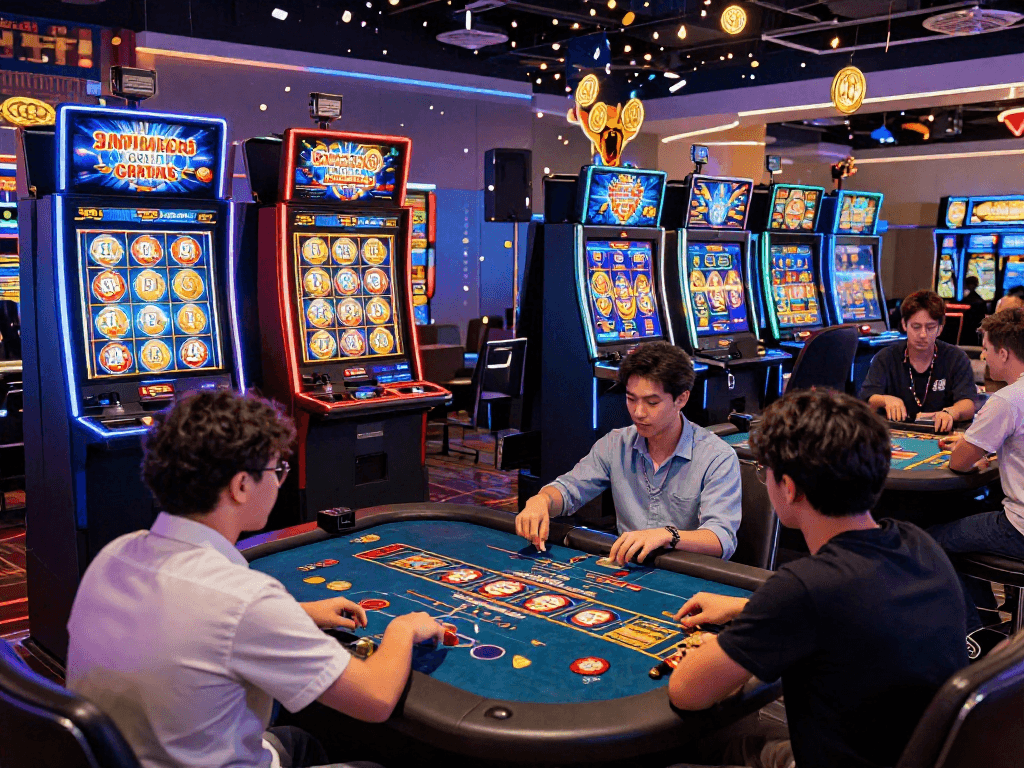Joueurs enthousiastes dans un casino en ligne, profitant de jeux de machines à sous et de tables, ambiance dynamique et captivante.