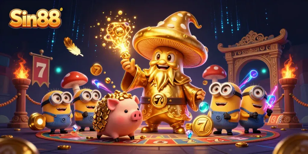 Engage in thrilling gameplay with Sin88's vibrant casino magic featuring golden mushroom wizard and treasures.