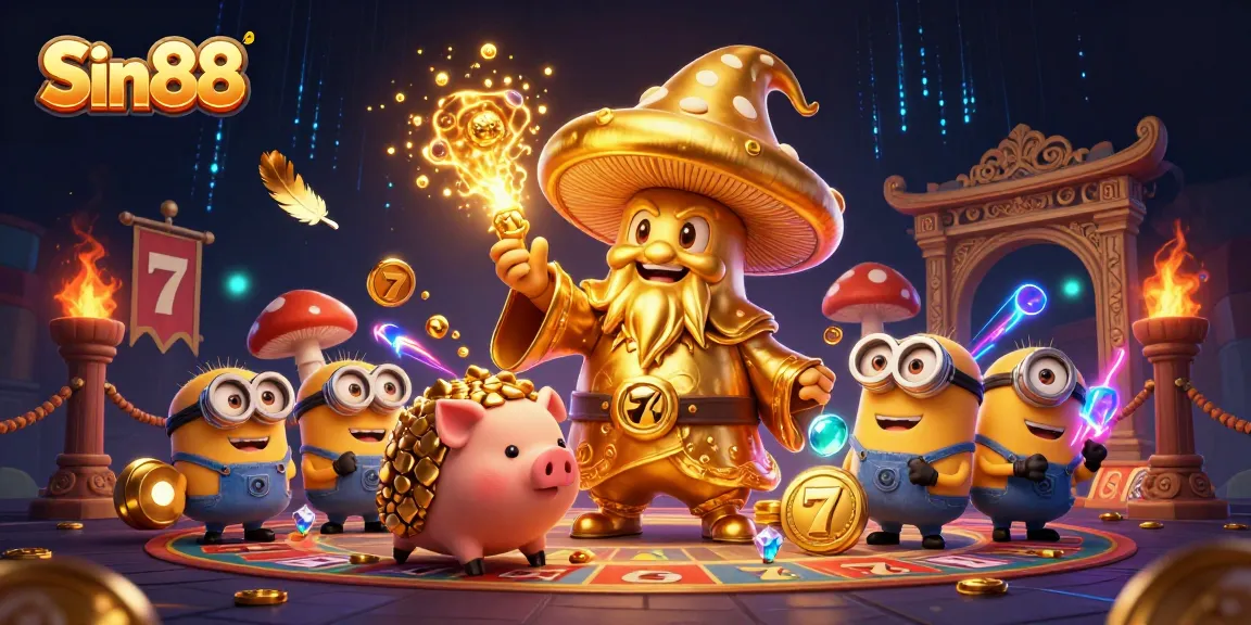 Engage in thrilling gameplay with Sin88's vibrant casino magic featuring golden mushroom wizard and treasures.