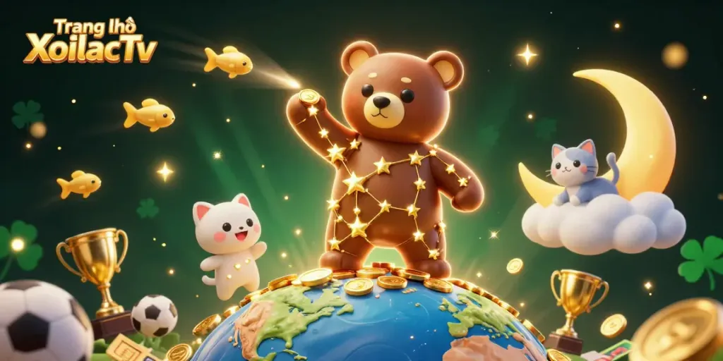 Betting on Trang chủ XoilacTv with exciting sports elements, colorful coins, and energetic characters.