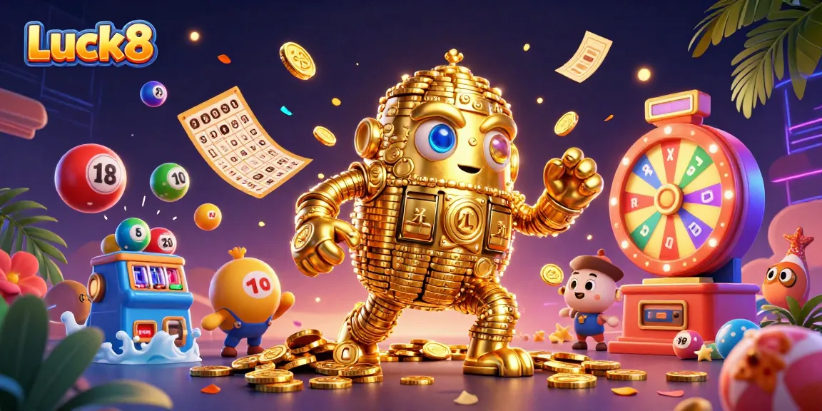 Experience thrilling fun at Luck8 with a playful golden golem surrounded by colorful casino elements.