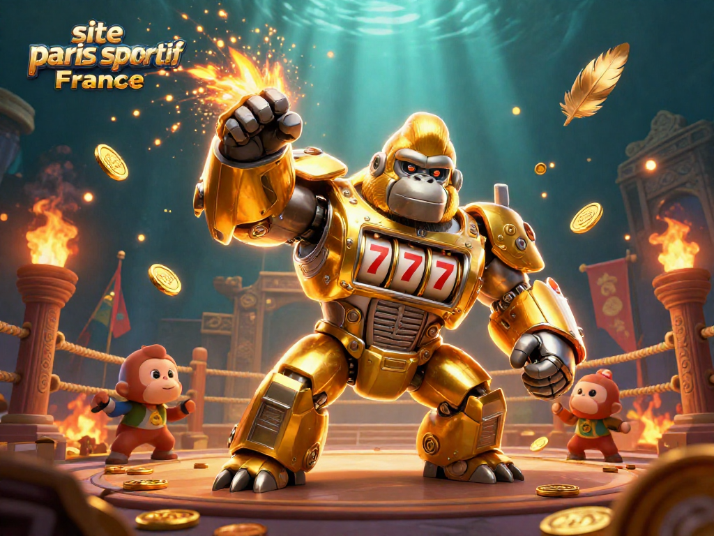 Pariez sur le site paris sportif France avec un gorille mech en or et des pièces d'or éclatantes.
