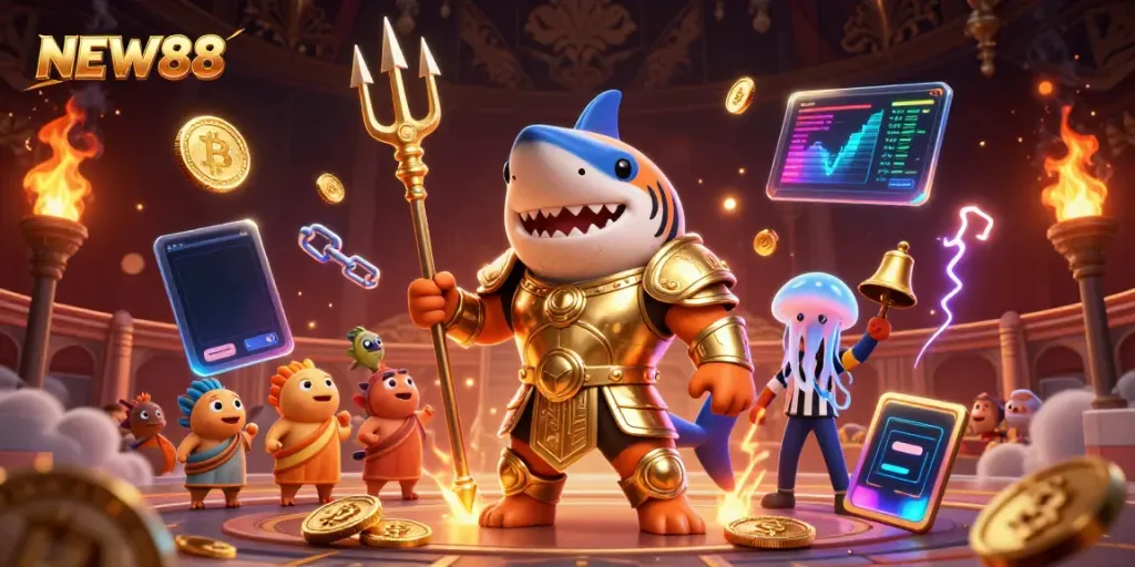 Experience thrilling gameplay at NEW88 with an underwater colosseum featuring a tiger shark gladiator.