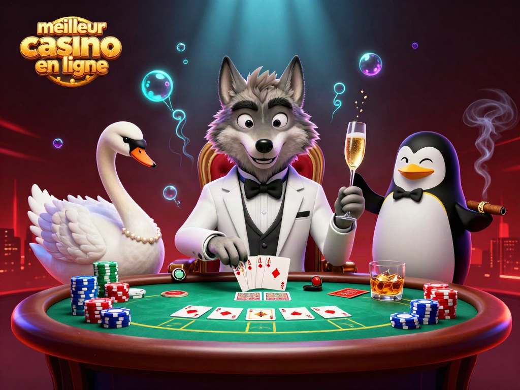 Découvrez le meilleur casino en ligne avec des personnages fascinants jouant à des cartes et servant du champagne.