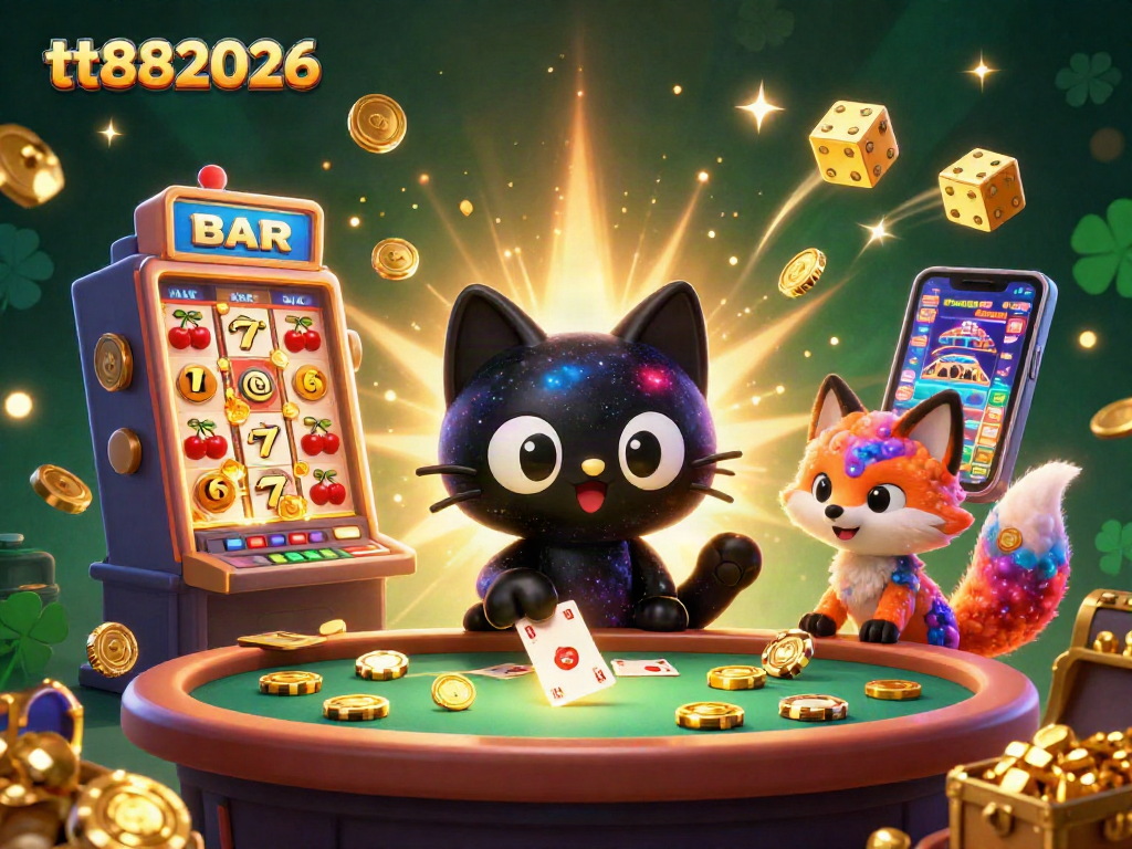 Engage in thrilling slots action with tt882026 and a cosmic black hole cat at a vibrant casino.