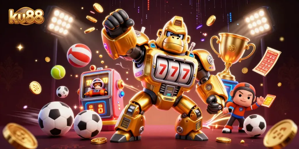 ku88 game illustration with a golden gorilla mech, vibrant casino elements, and dynamic sports action