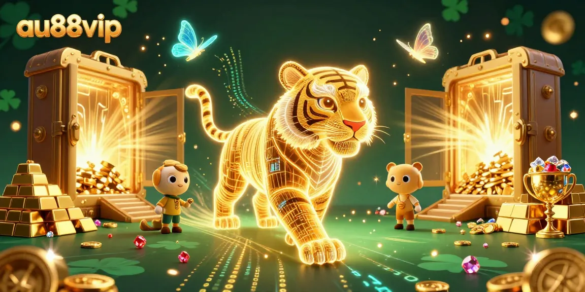 Engage in thrilling gameplay at au88vip with neon tiger and wealth symbols illuminating a digital casino