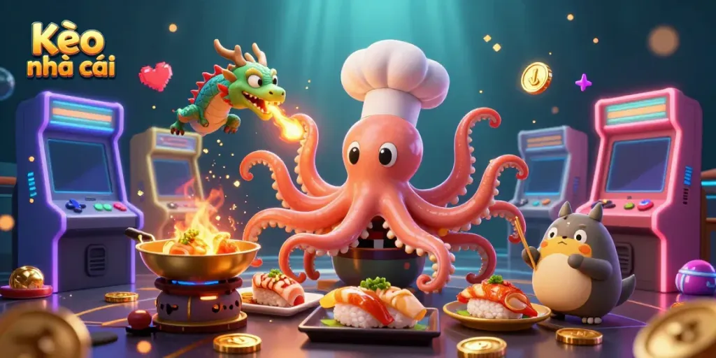 Engage with Kèo nhà cái as a cartoon octopus chef, dragon, and tanuki enjoy a vibrant casino scene.