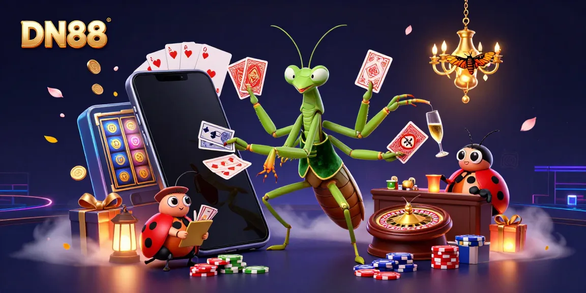 Engage with DN88's vibrant casino scene featuring a giant praying mantis and ladybug pit boss in a lively gambling atmosphere.