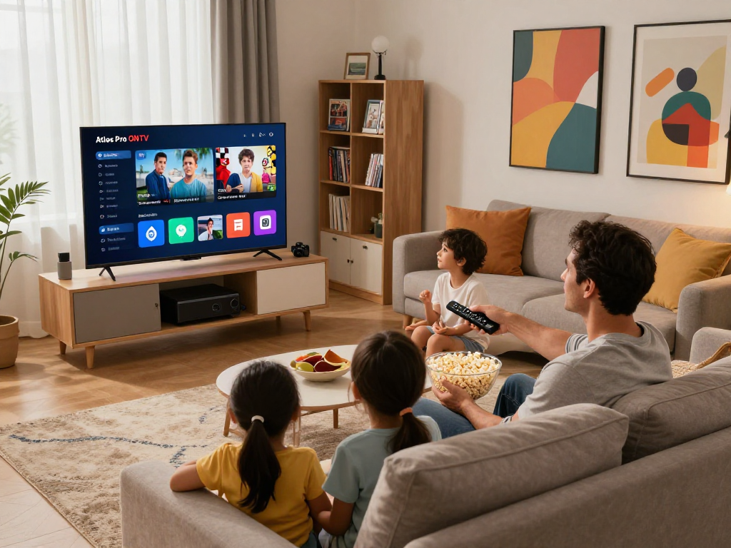 Profitez d'une soirée cinéma à domicile avec Atlas Pro, une famille regardant des films en streaming.