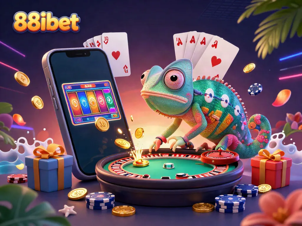 88ibet's vibrant casino scene showcases a chameleon owner amidst gaming elements, capturing excitement.