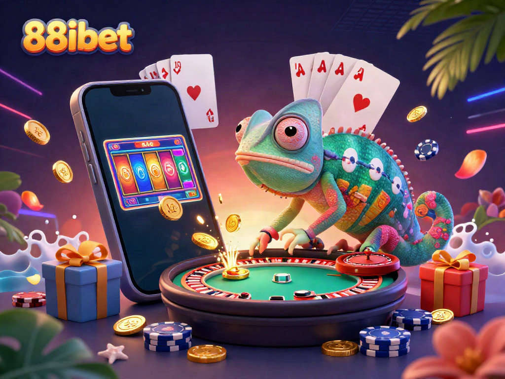 88ibet's vibrant casino scene showcases a chameleon owner amidst gaming elements, capturing excitement.