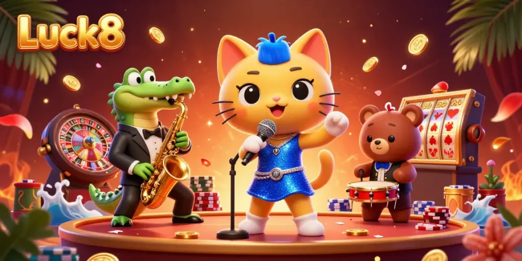 Experience the vibrant casino atmosphere with Luck8 featuring lively characters performing amidst rich gaming elements.