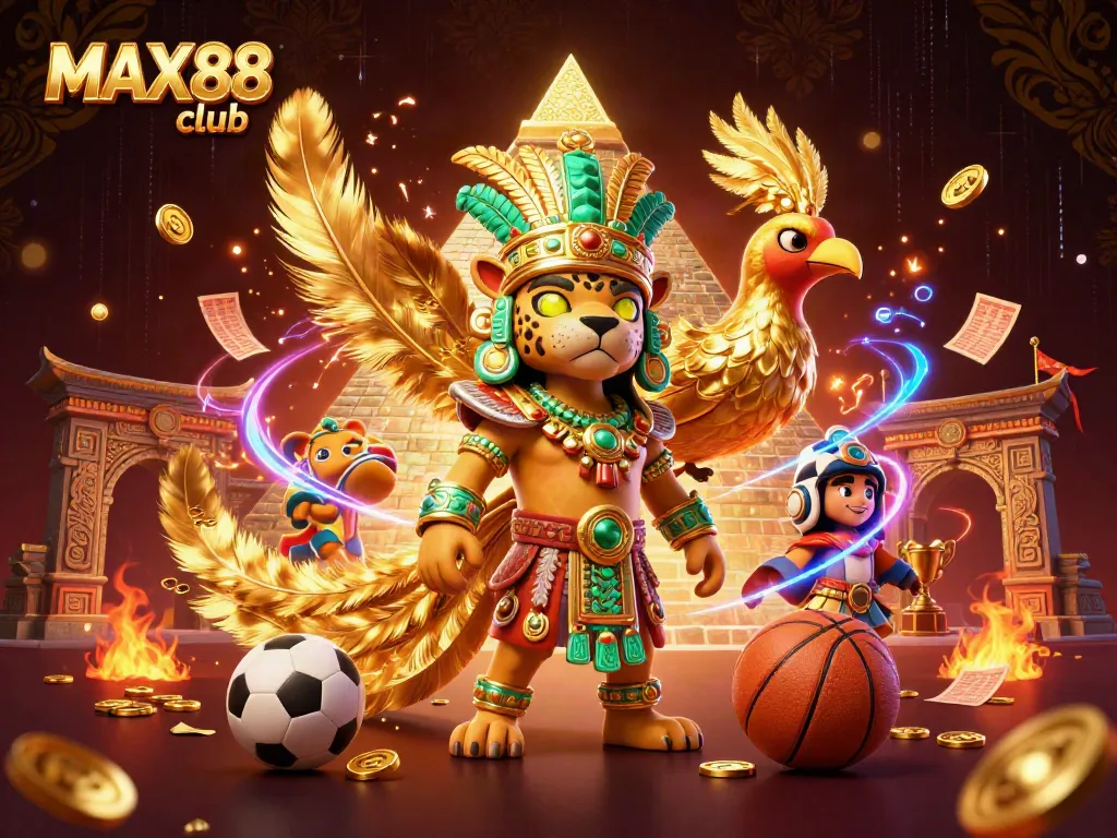 Engage in thrilling bets at MAX88 club, featuring vibrant sports elements and a dynamic jaguar priest.