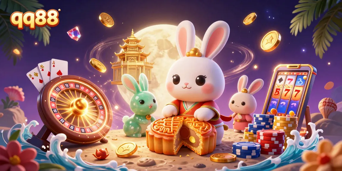 Experience thrilling gaming at qq88 with a lunar-themed casino illustration featuring dynamic gambling elements.
