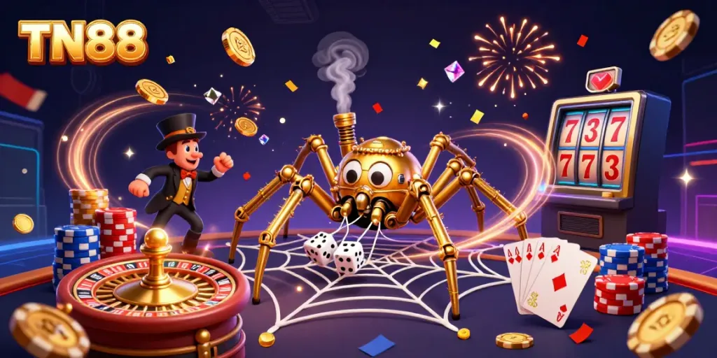 Experience TN88's thrilling casino action with a dynamic scene of luck, dice, and dazzling game elements.