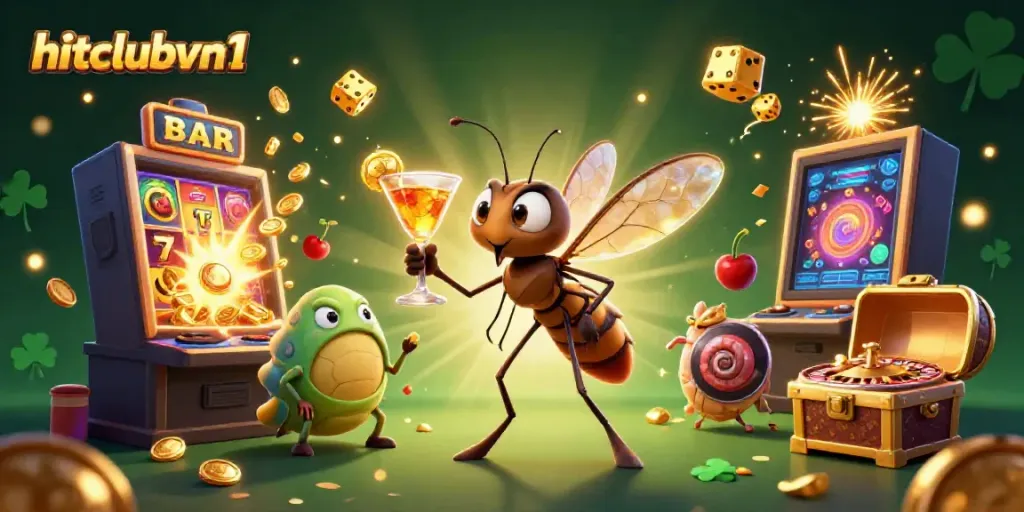 Experience the vibrant hitclubvn1 casino scene with a frozen mosquito mascot and thrilling game elements.