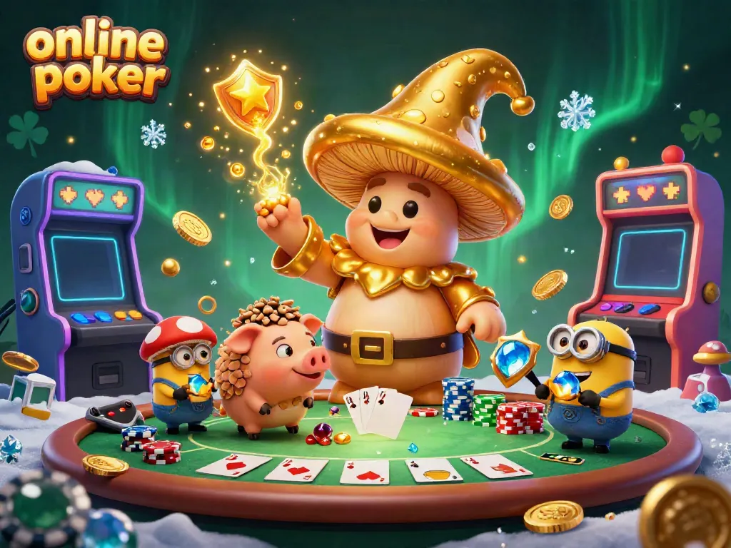 Engage in online poker action with a magical scene of a golden mushroom wizard and a truffle pig amidst vibrant game elements.