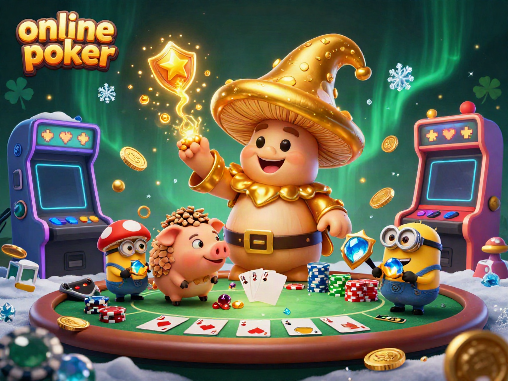 Engage in online poker action with a magical scene of a golden mushroom wizard and a truffle pig amidst vibrant game elements.