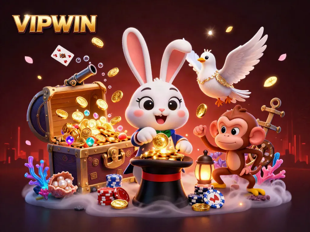 Experience thrilling games at VIPWIN with a magical scene of a rabbit, dove, and monkey surrounded by treasure.