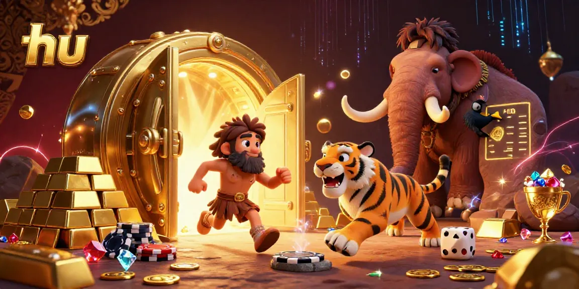 Experience the thrilling hu casino adventure with a caveman and sabertooth tiger duo under a magnificent treasure vault door.