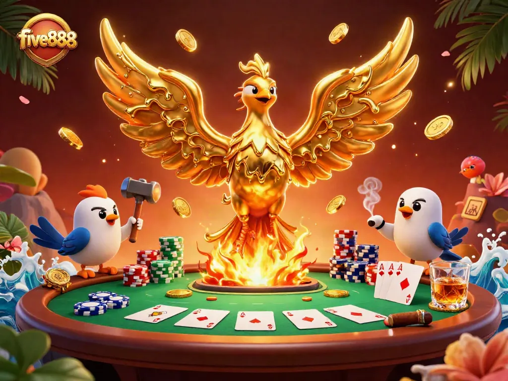Experience exciting gameplay at five888 with a golden phoenix and poker elements in a vibrant casino scene.