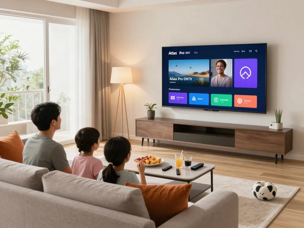 Famille profitant de l'application atlas pro ontv sur leur télévision dans un salon accueillant.