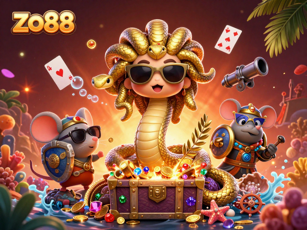 Win big at zo88 with a vibrant 3D casino scene filled with gold coins and lively characters.