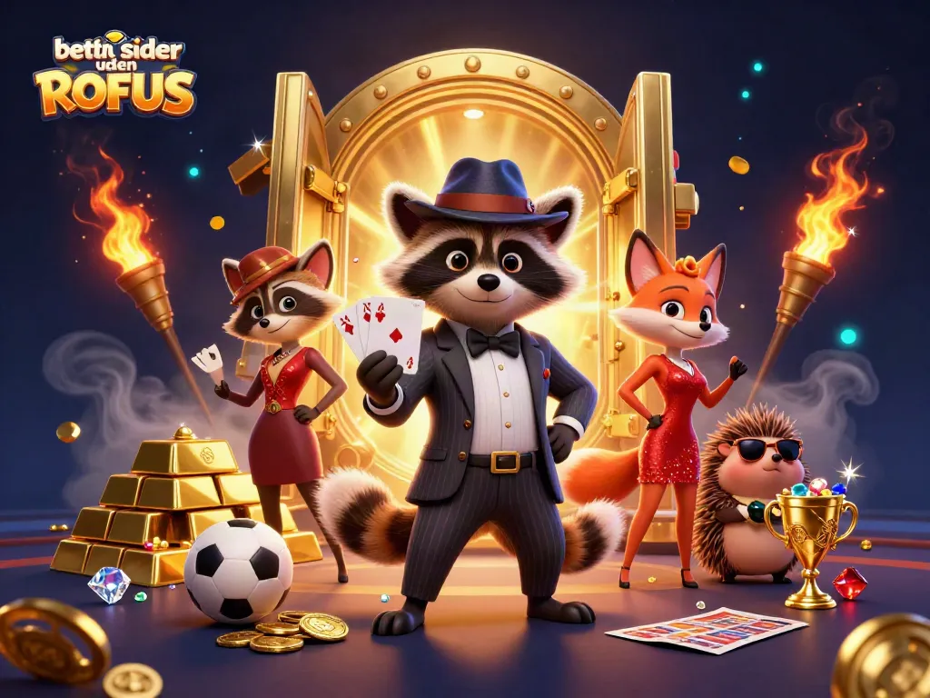 Experience thrilling action with betting sider uden ROFUS showcasing a suave raccoon and fox amid gold treasures and sports elements.