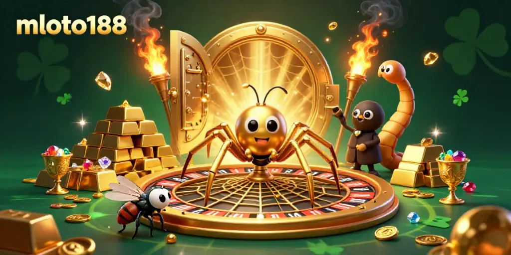 Betting action at mloto188 with a gold spider spinning a roulette web amidst treasure.