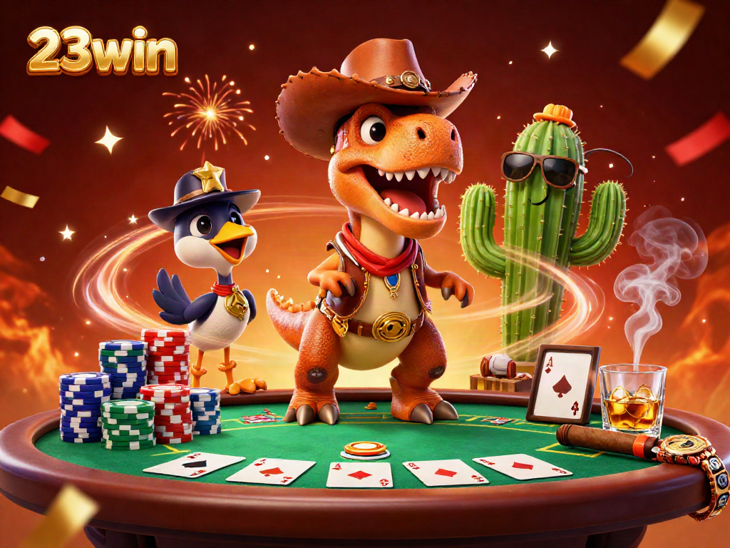 Experience the thrilling casino action with 23win, featuring colorful poker chips and charismatic characters.