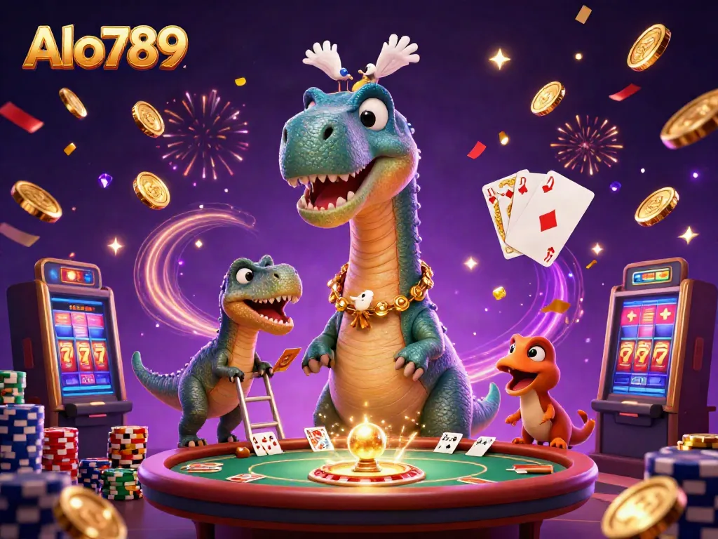 Alo789 showcases a lively casino atmosphere with a cartoon dinosaur and raptor dealer, amidst shimmering gold.
